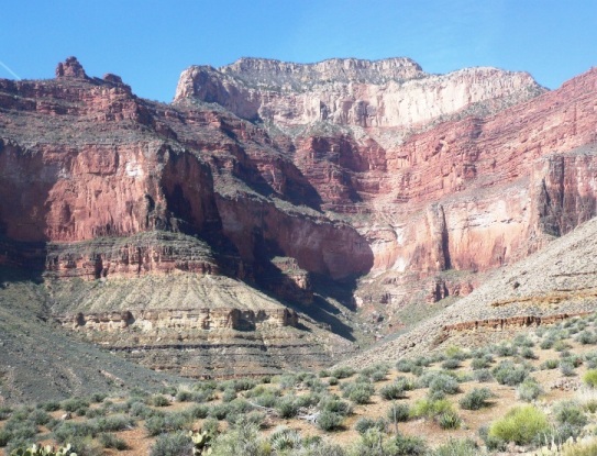 Mile 11.8 9:37 a.m. - Looking up to the rim above Jasper Canyon. The Tonto Trail takes me into all these canyons